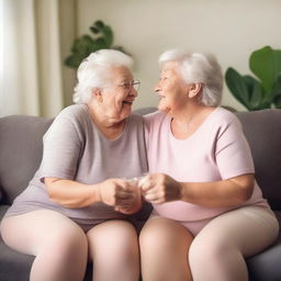 Two elderly, overweight girlfriends happily smelling each other's pantyhose