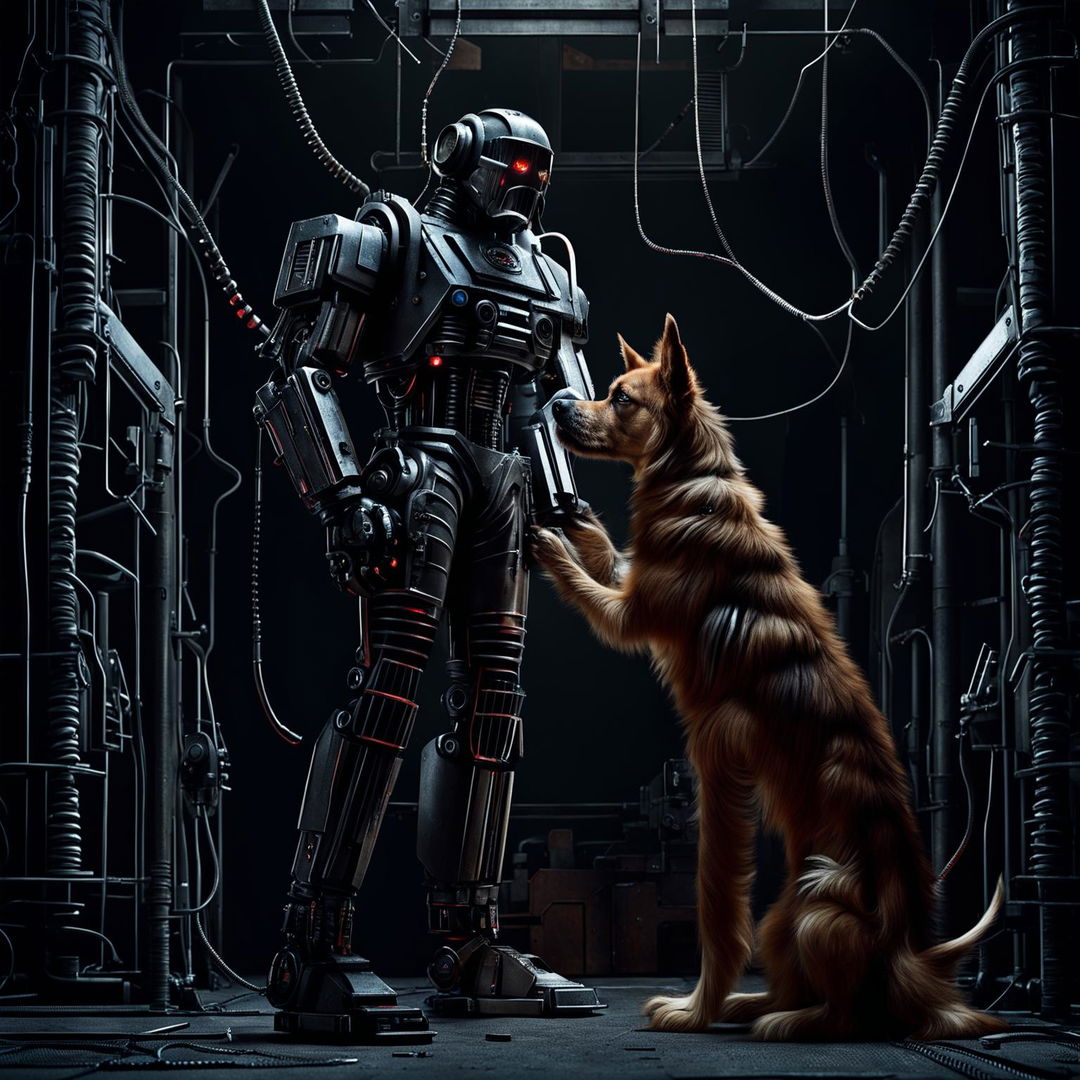 A menacing, non-animal robot guardian holding a struggling dog by the neck in a dystopian, industrial setting, emphasizing themes of power and conflict