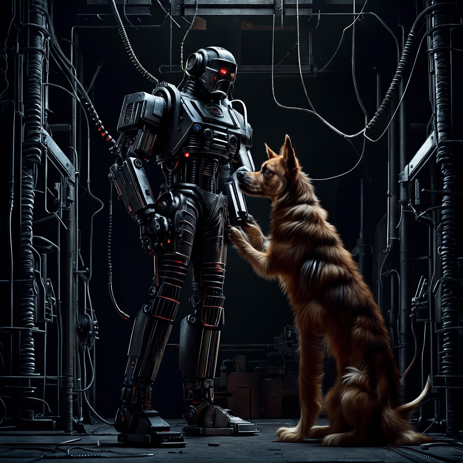 A menacing, non-animal robot guardian holding a struggling dog by the neck in a dystopian, industrial setting, emphasizing themes of power and conflict