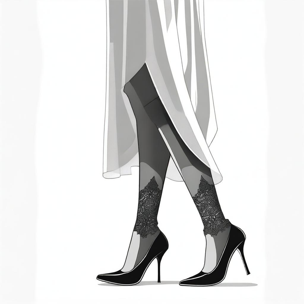 A detailed and respectful illustration of a girl wearing a hijab, focusing on her feet in sheer stockings and high heels