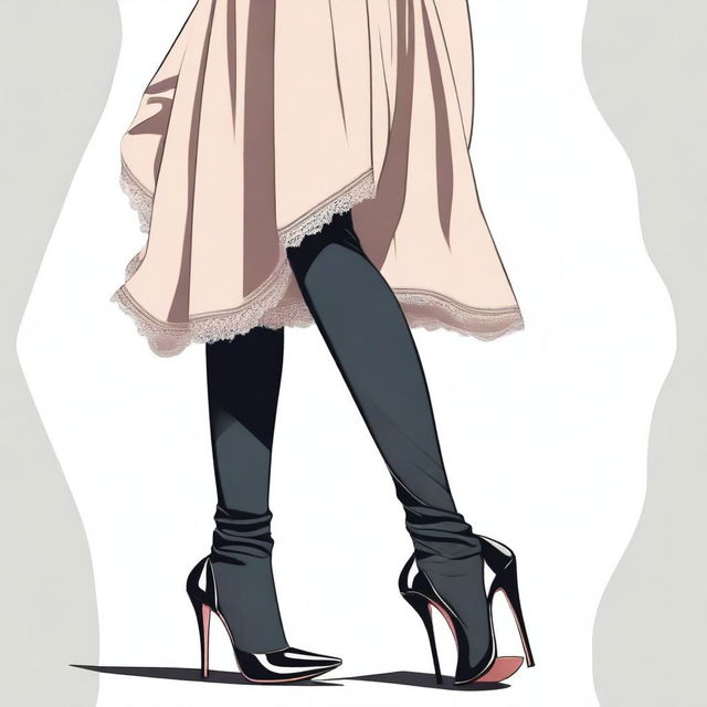 A detailed and respectful illustration of a girl wearing a hijab, focusing on her feet in sheer stockings and high heels