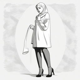 A detailed and respectful illustration of a girl wearing a hijab, focusing on her feet in sheer stockings and high heels