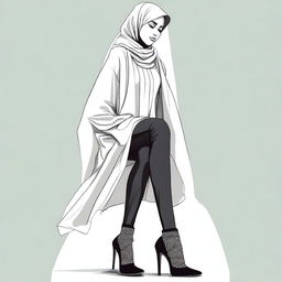 A detailed and respectful illustration of a girl wearing a hijab, focusing on her feet in sheer stockings and high heels