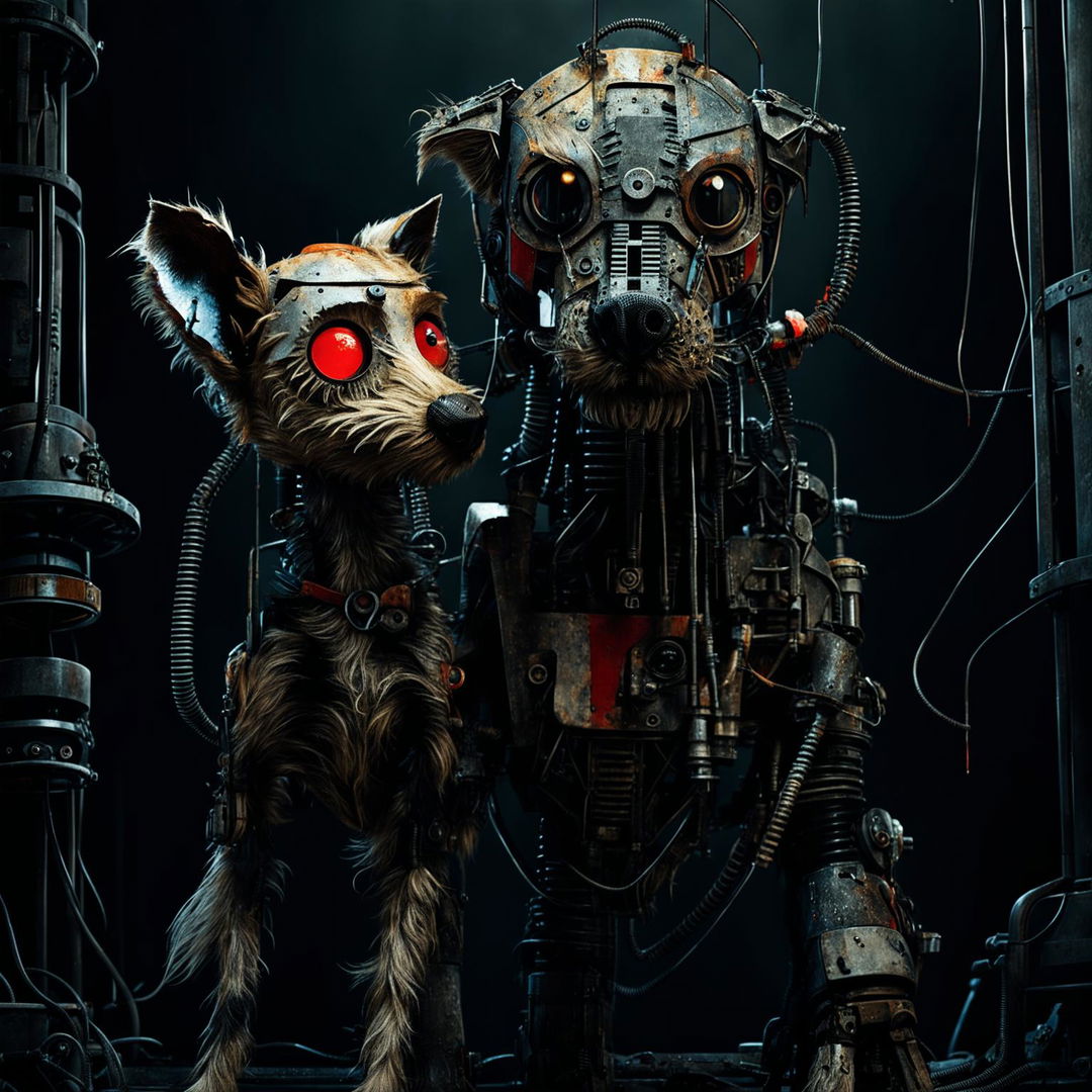 A menacing, rusted, non-animal robot guardian holding a struggling dog by the neck in a dystopian, industrial setting, emphasizing harmful conflict and themes of power and control