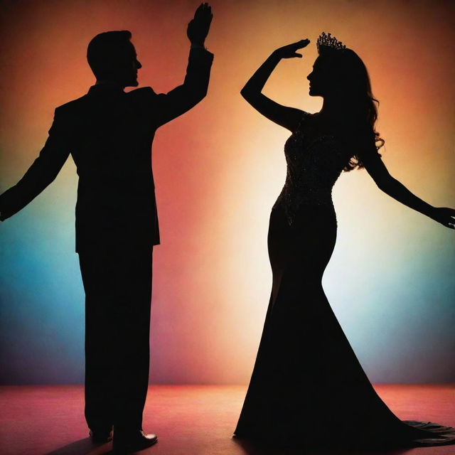 The silhouettes of a man and a woman striking a victorious pose, representing their titles as Mr. and Ms. Pageant Winners. Their long, elegant shadows create a striking figure against a backdrop of illuminated colors.