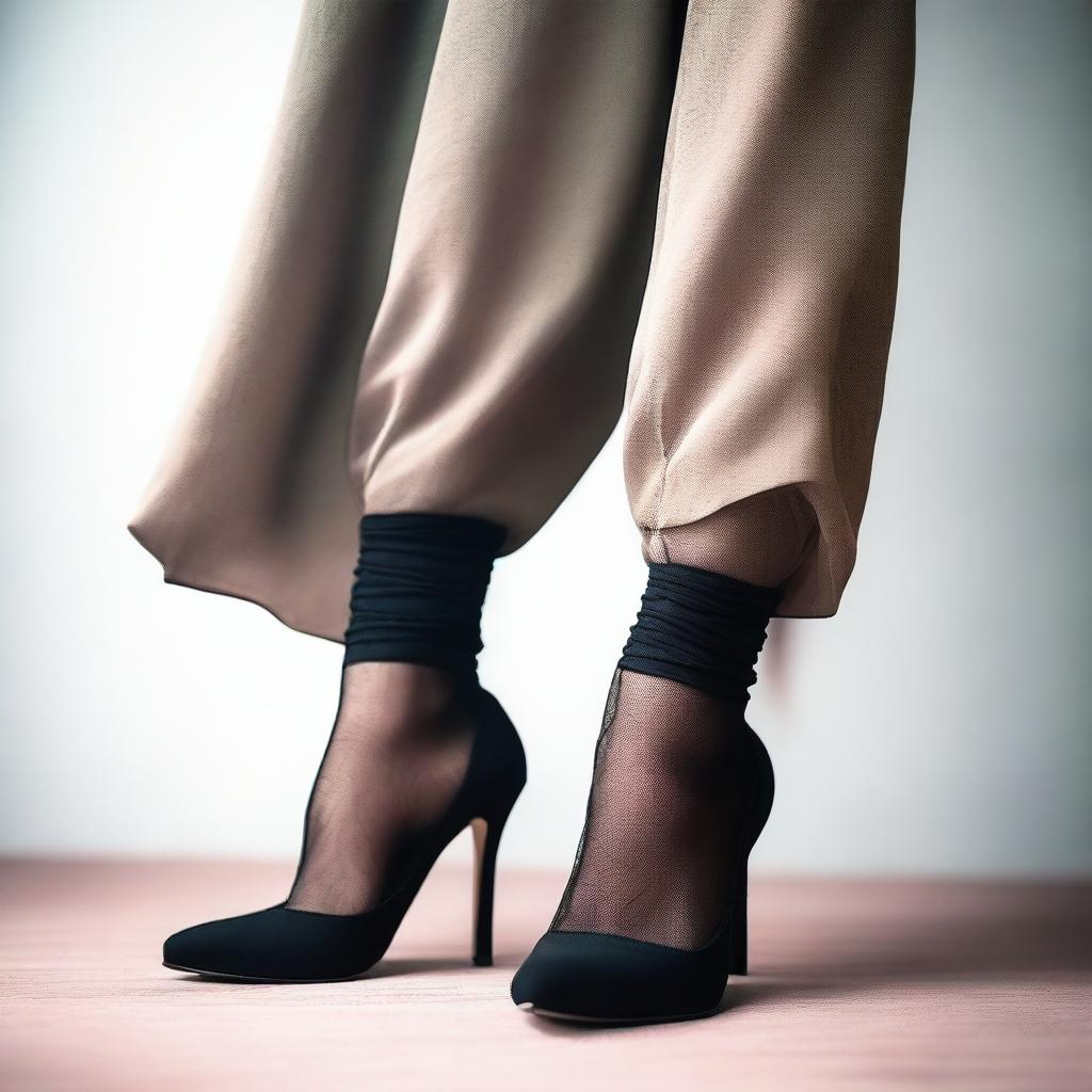 A close-up, realistic, and respectful image focusing on the feet of a girl wearing a hijab