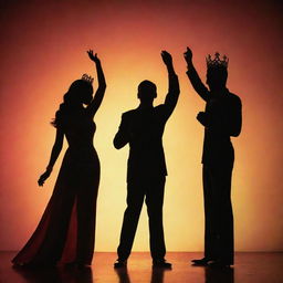 The silhouettes of a man and a woman striking a victorious pose, representing their titles as Mr. and Ms. Pageant Winners. Their long, elegant shadows create a striking figure against a backdrop of illuminated colors.