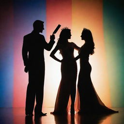 The silhouettes of a man and a woman striking a victorious pose, representing their titles as Mr. and Ms. Pageant Winners. Their long, elegant shadows create a striking figure against a backdrop of illuminated colors.