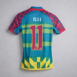 A vibrant, stylish soccer jersey designed for 'Team 11'. The jersey features dynamic patterns, the team's logo prominently displayed, and the number 11 at the back.