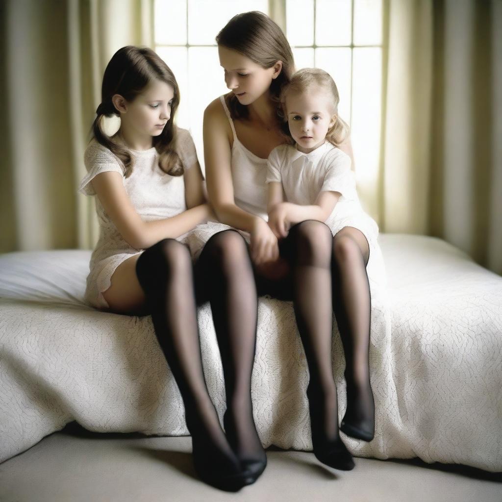 A realistic image featuring two girls and a mother, all wearing sheer stockings