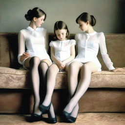 A realistic image featuring two girls and a mother, all wearing sheer stockings