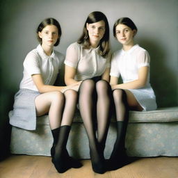 A realistic image featuring two girls and a mother, all wearing sheer stockings