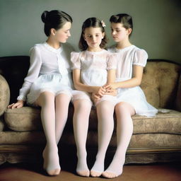 A realistic image featuring two girls and a mother, all wearing sheer stockings