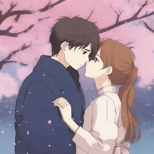 A beautiful anime girl gently kissing her boyfriend on the cheek