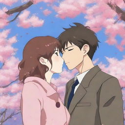 A beautiful anime girl gently kissing her boyfriend on the cheek