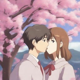 A beautiful anime girl gently kissing her boyfriend on the cheek