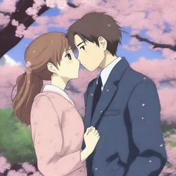 A beautiful anime girl gently kissing her boyfriend on the cheek