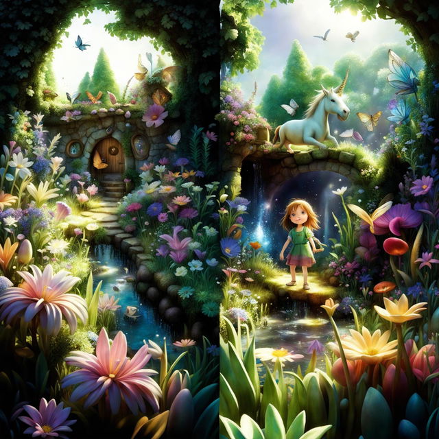 Create a series of images illustrating a short story about a young girl named Lily who discovers a hidden magical garden filled with vibrant flowers, mystical creatures, and a sparkling pond