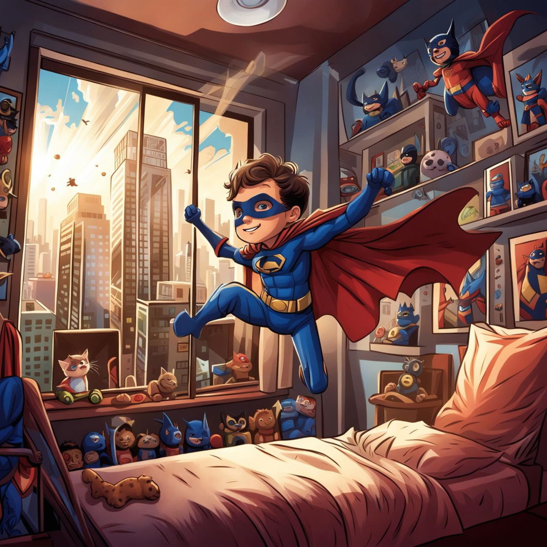 Create a series of images illustrating a short story about a young boy named Max who dreams of becoming a superhero