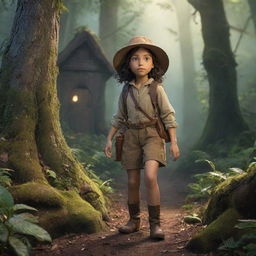 Show a scene of a young explorer named Elara embarking on a journey near her small village by the edge of a mysterious forest. Inspired by tales of an enchanted realm, she looks poised to uncover the forest's whispering secrets.