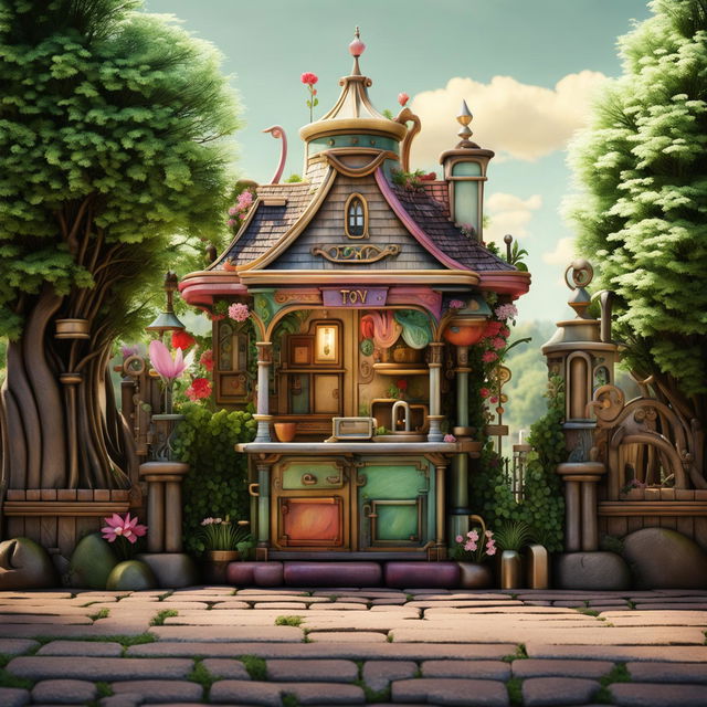 A whimsical, old-fashioned tollbooth with intricate woodwork, brass accents, and a small ornate roof, set in a picturesque countryside with lush greenery and blooming flowers