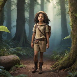 Show a scene of a young explorer named Elara embarking on a journey near her small village by the edge of a mysterious forest. Inspired by tales of an enchanted realm, she looks poised to uncover the forest's whispering secrets.