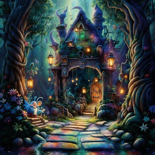 A whimsical and magical tollbooth at the edge of an enchanted forest, operated by a friendly gnome, with vibrant colors, fairy lights, and fantastical elements