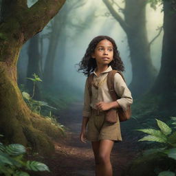 Show a scene of a young explorer named Elara embarking on a journey near her small village by the edge of a mysterious forest. Inspired by tales of an enchanted realm, she looks poised to uncover the forest's whispering secrets.