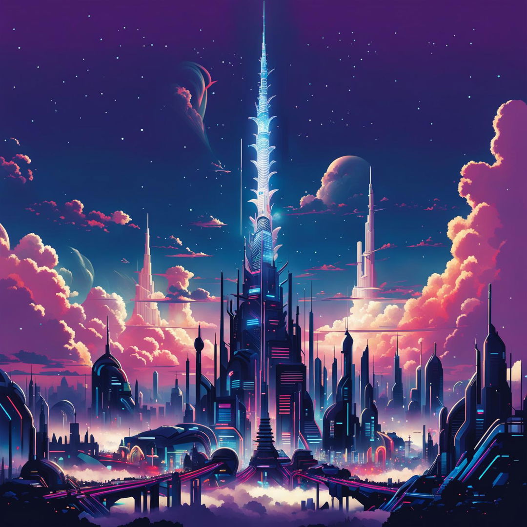 Illustration of a massive futuristic tower rising from the ground in a bustling cityscape with flying cars, holographic billboards, and advanced technology