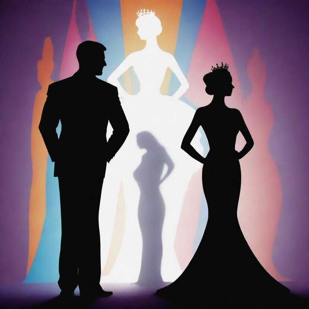 The striking silhouettes of a distinguished male and an elegant female, each embodying the refined posture of pageant winners. Their outlines gleefully cast upon a vibrant backdrop of celebration.