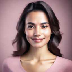 A high-resolution photograph of a woman wearing a pink top, posing confidently for the camera