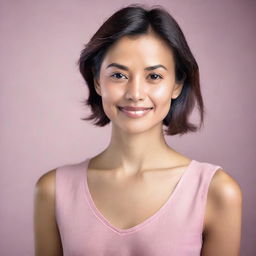 A high-resolution photograph of a woman wearing a pink top, posing confidently for the camera