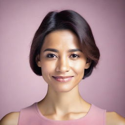 A high-resolution photograph of a woman wearing a pink top, posing confidently for the camera