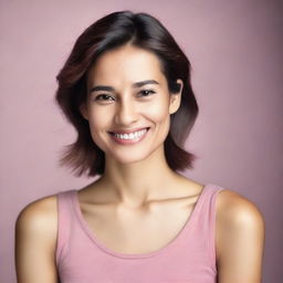 A high-resolution photograph of a woman wearing a pink top, posing confidently for the camera