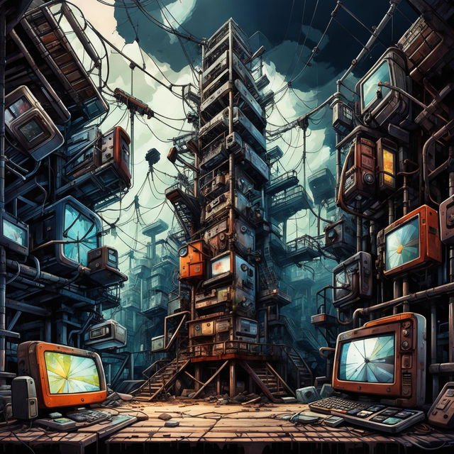 Illustration of a massive tower filled with broken and unreleased gadgets and phones, with an industrial and dilapidated appearance