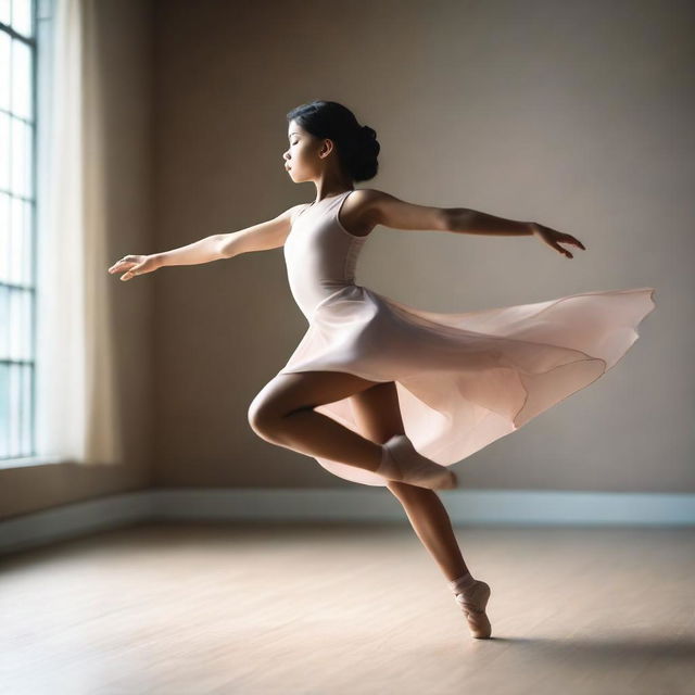 A full shot of a young girl who is a dancer, captured in a graceful and elegant pose