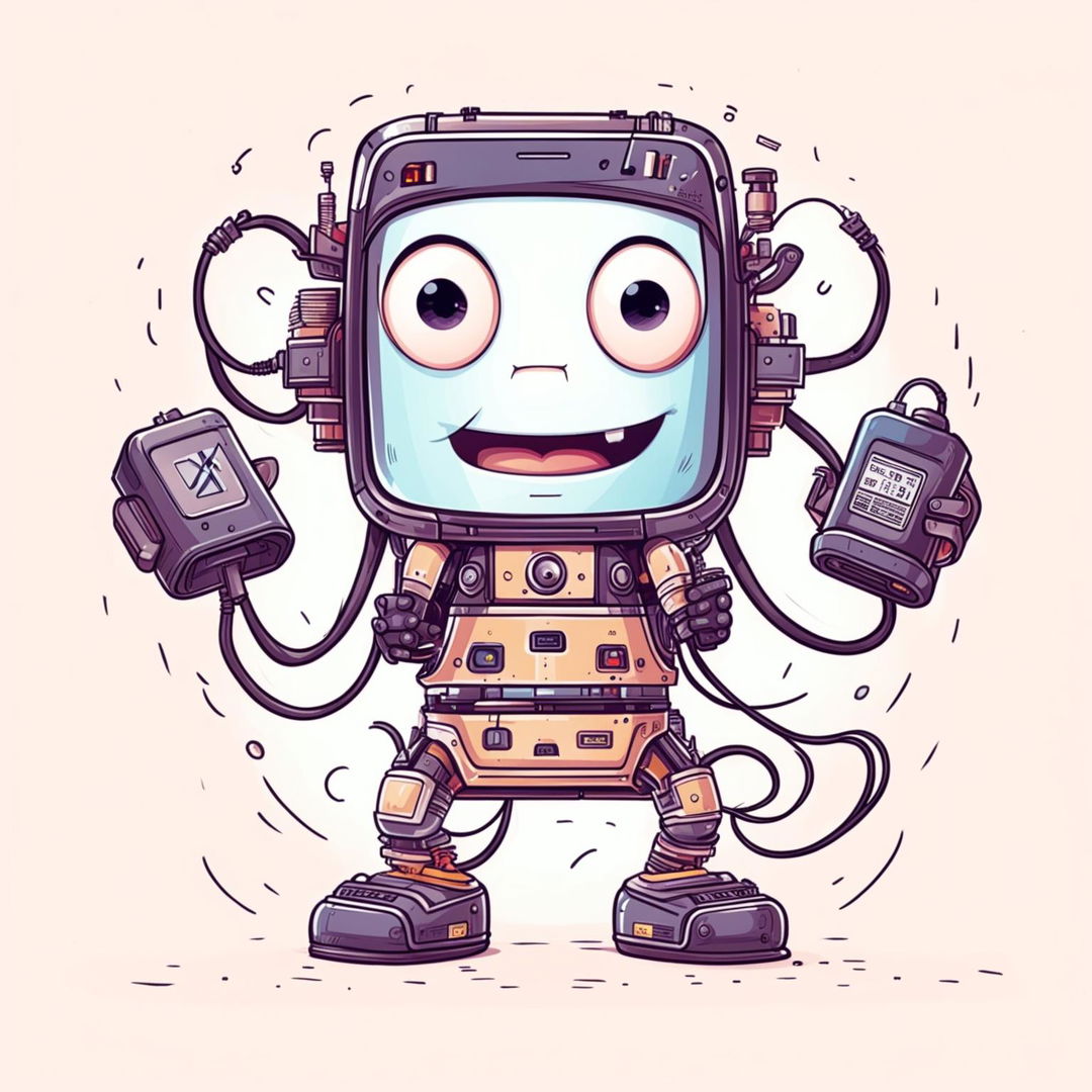 Whimsical illustration of a phone with a head, arms, and legs, carrying a battery pack, with a friendly face on its screen and a light-colored background