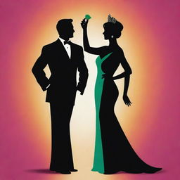 The striking silhouettes of a distinguished male and an elegant female, each embodying the refined posture of pageant winners. Their outlines gleefully cast upon a vibrant backdrop of celebration.