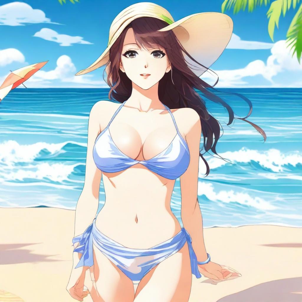 A beautiful woman wearing a bikini, depicted in anime style