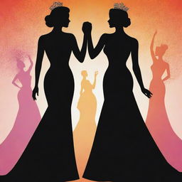 The striking silhouettes of a distinguished male and an elegant female, each embodying the refined posture of pageant winners. Their outlines gleefully cast upon a vibrant backdrop of celebration.