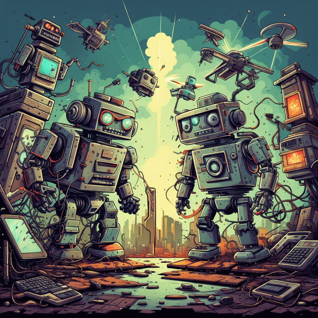 Dynamic illustration of a battle between advanced, sleek robots and futuristic devices against older, rugged gadgets in a ruined futuristic cityscape