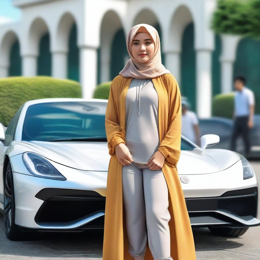 A realistic, ultra HD, full-body photo of a beautiful Indonesian girl with a slightly chubby body, wearing a Muslim outfit and hijab, standing in front of a sports car