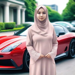 A realistic, ultra HD, full-body photo of a beautiful Indonesian girl with a slightly chubby body, wearing a Muslim outfit and hijab, standing in front of a sports car