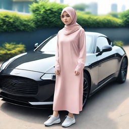 A realistic, ultra HD, full-body photo of a beautiful Indonesian girl with a slightly chubby body, wearing a Muslim outfit and hijab, standing in front of a sports car