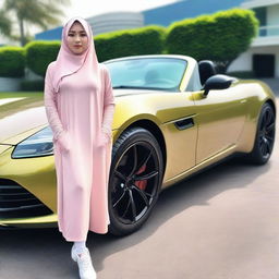 A realistic, ultra HD, full-body photo of a beautiful Indonesian girl with a slightly chubby body, wearing a Muslim outfit and hijab, standing in front of a sports car