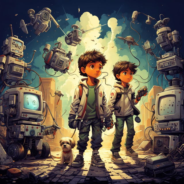 Dynamic illustration of a battle between advanced, sleek robots and futuristic devices against older, rugged gadgets in a ruined futuristic cityscape, featuring a brave boy named Milo and his loyal dog