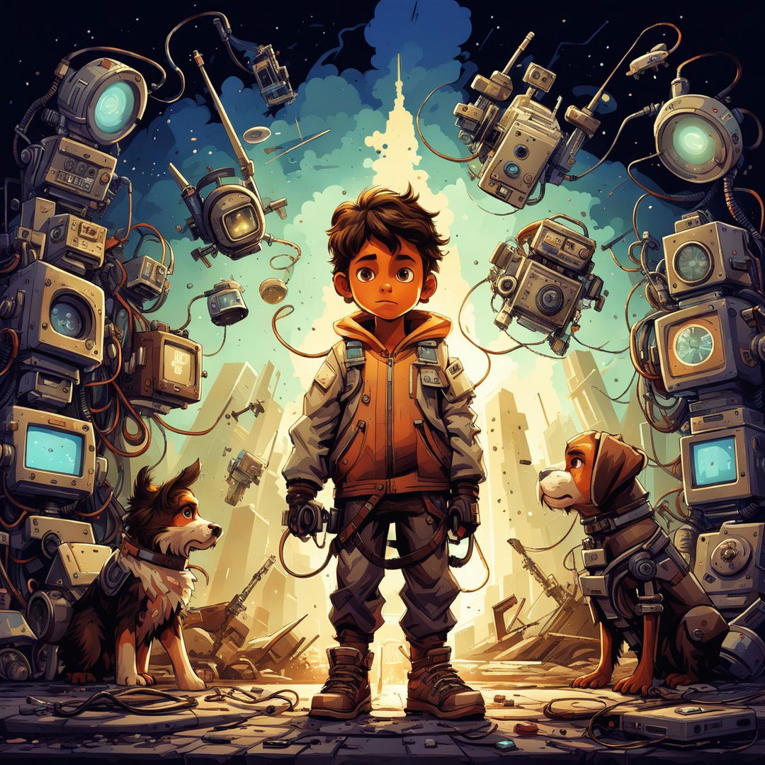 Dynamic illustration of a battle between advanced, sleek robots and futuristic devices against older, rugged gadgets in a ruined futuristic cityscape, featuring a brave boy named Milo and his loyal dog