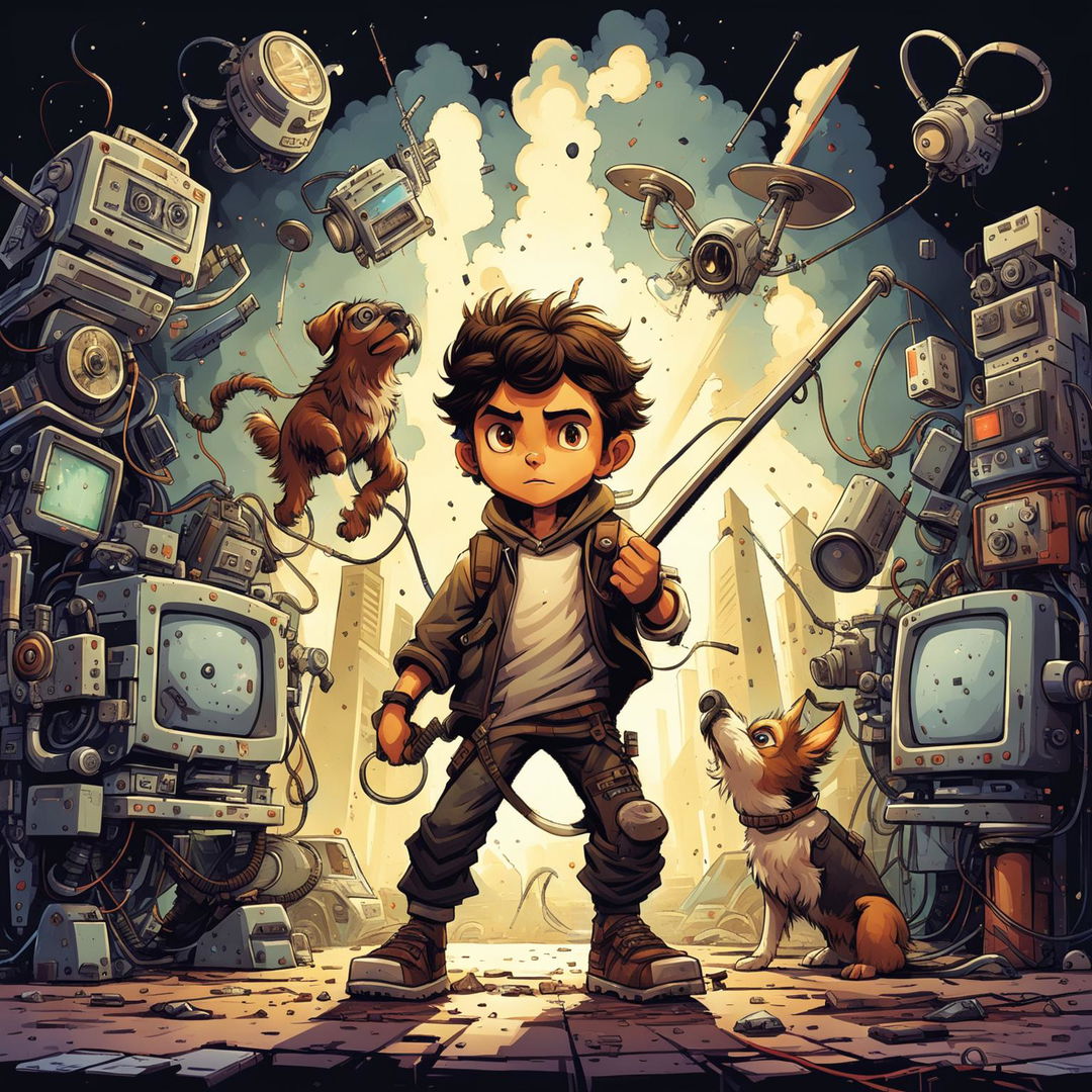 Dynamic illustration of a fight between advanced, sleek robots and futuristic devices against older, rugged gadgets in a ruined futuristic cityscape, featuring a brave boy named Milo and his loyal dog