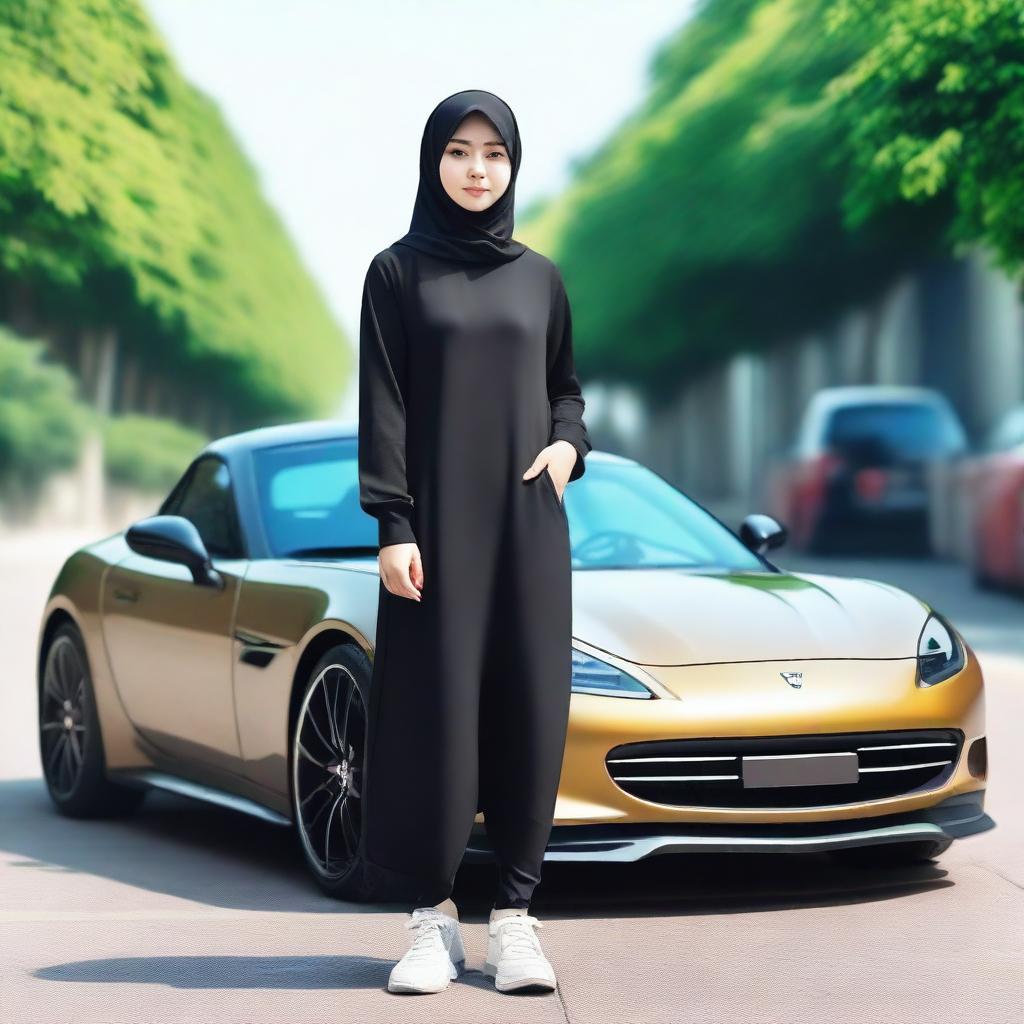 A realistic, ultra HD, full-body photo of a beautiful Indonesian girl with a slightly chubby body, without make-up, wearing modern Muslim clothing and a hijab, standing in front of a sports car