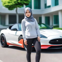 A realistic, ultra HD, full-body photo of a beautiful Indonesian girl with a slightly chubby body, without make-up, wearing modern Muslim clothing and a hijab, standing in front of a sports car